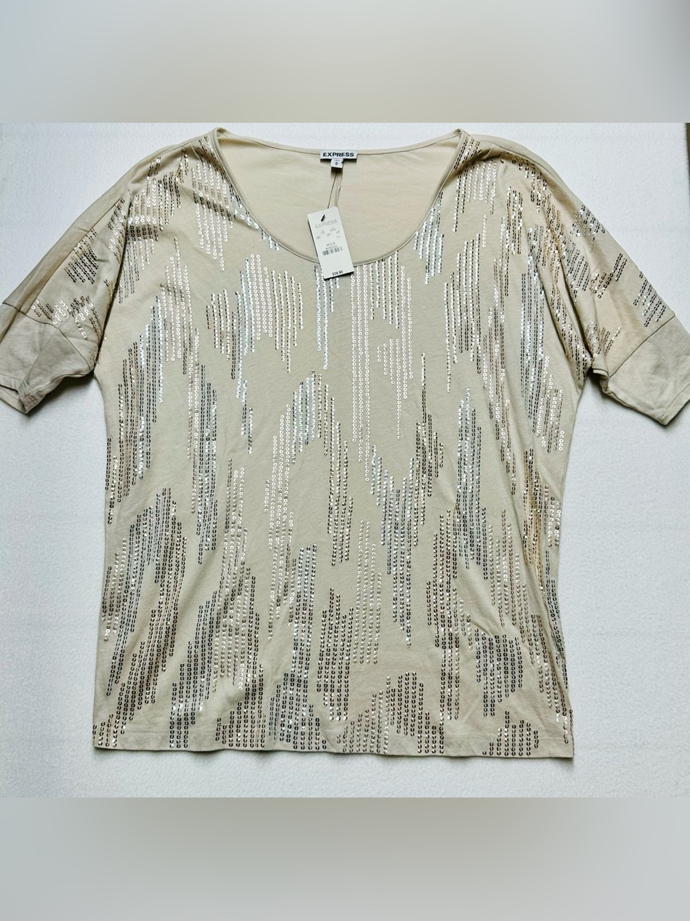 Express Sequin Top Women’s M Beige Gold Short Sleeve NWT Party Holiday